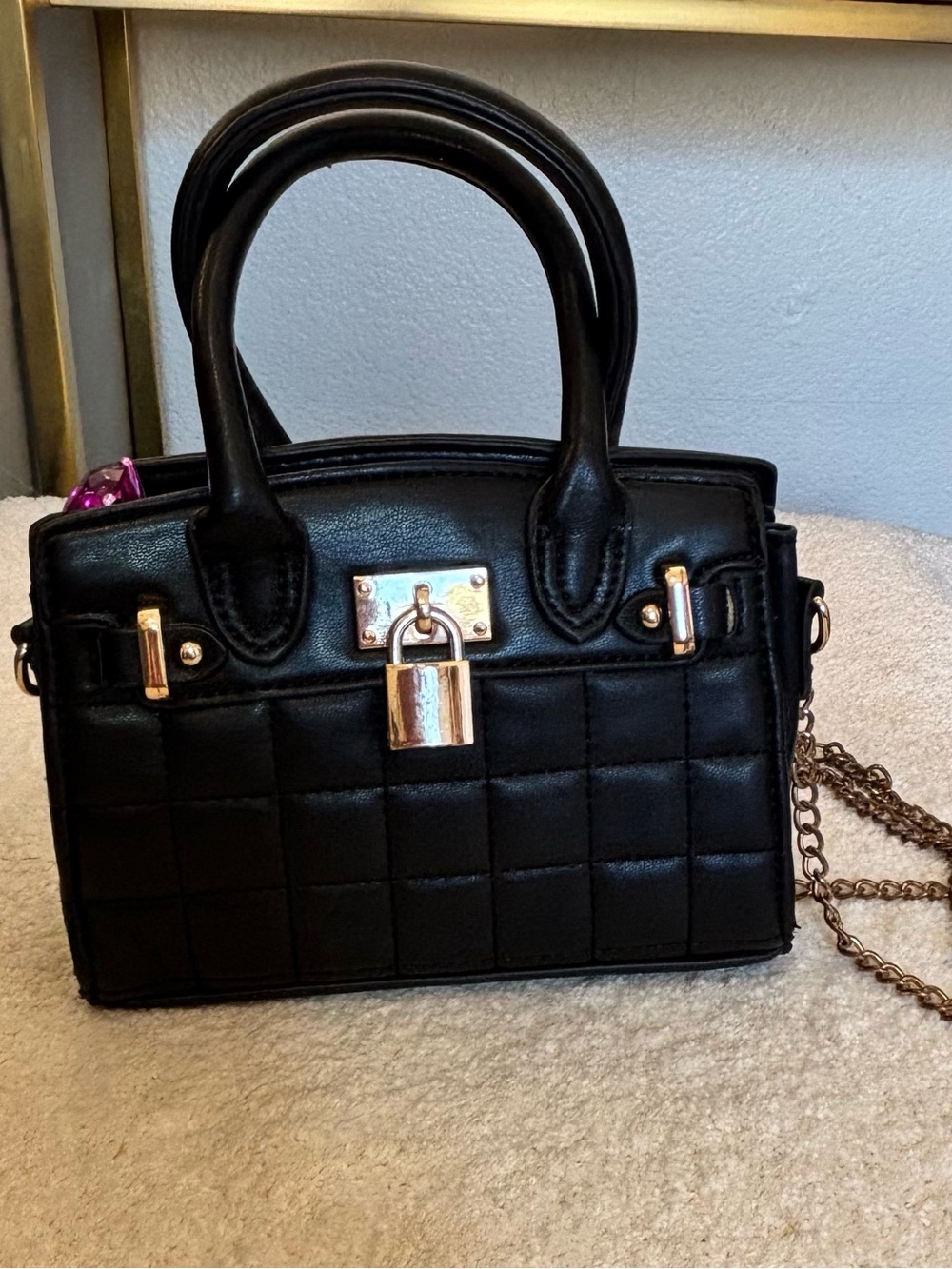 Classic Quilted Black Leatherette Satchel with Gold Hardware